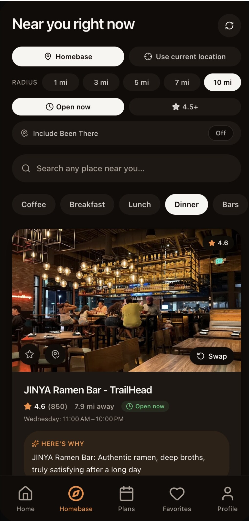 FIBI Homebase tab showing nearby restaurant suggestions